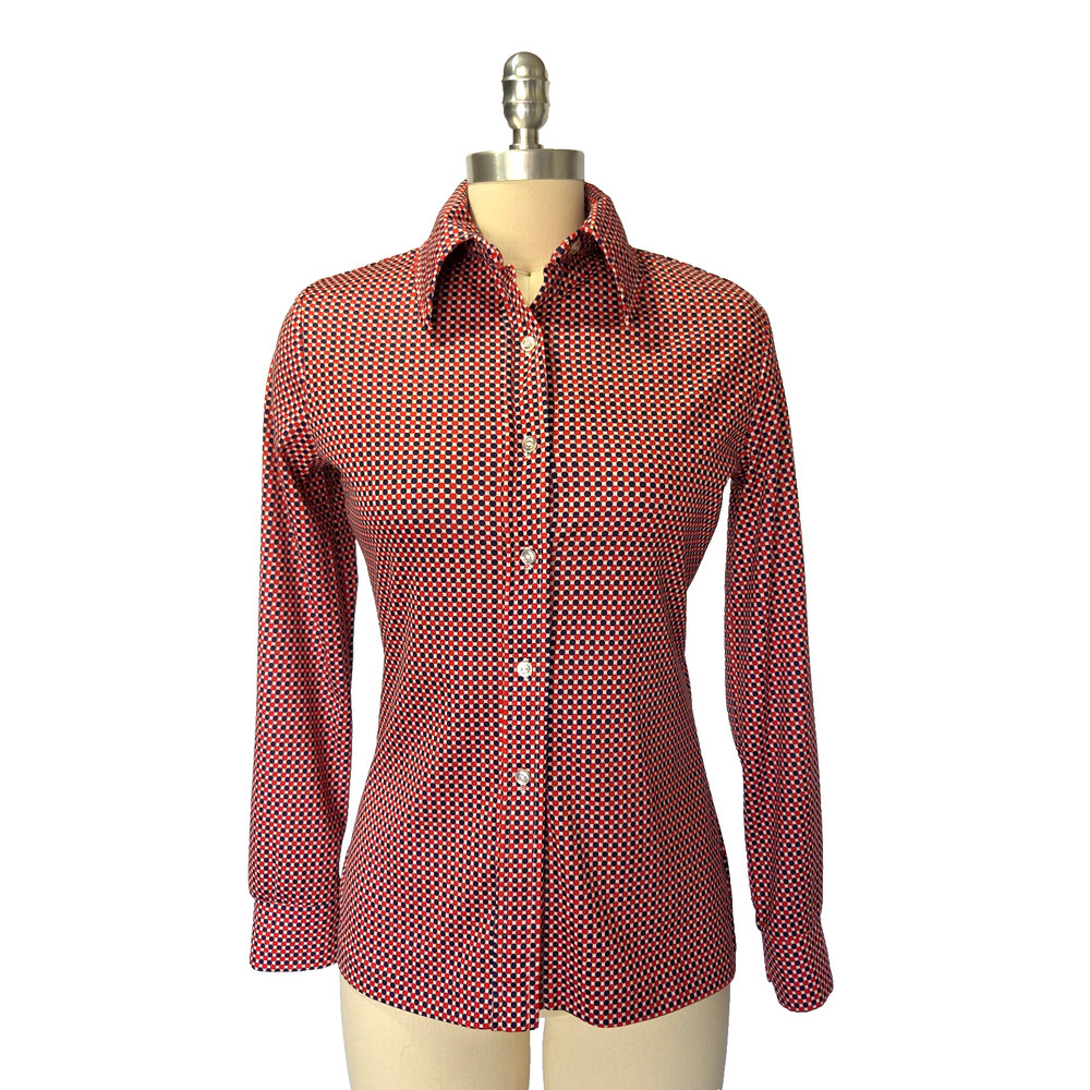 Vintage 70s Jack Winter Button Up Top Size S Red White Blue Long Sleeve Dots